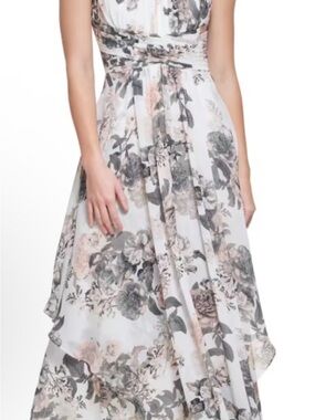 NWT Floral Chiffon Maxi Dress in Soft Gray & Blush